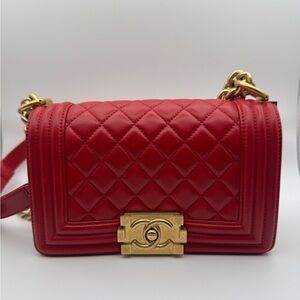 Authentic Chanel Quilted Red Leather Boy Bag with Gold Hardware Small Size